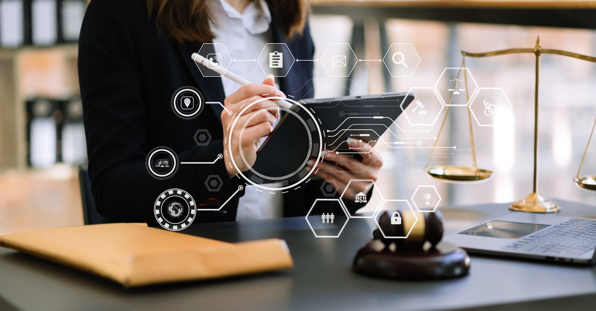 justice and law concept.Male judge in a courtroom  the gavel, working with smart phone and laptop and digital tablet computer on wood table in morning light